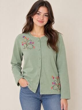 Vintage BLAIR Sage Embroidered Cardigan Sweater Fleece Jacket Grandmacore